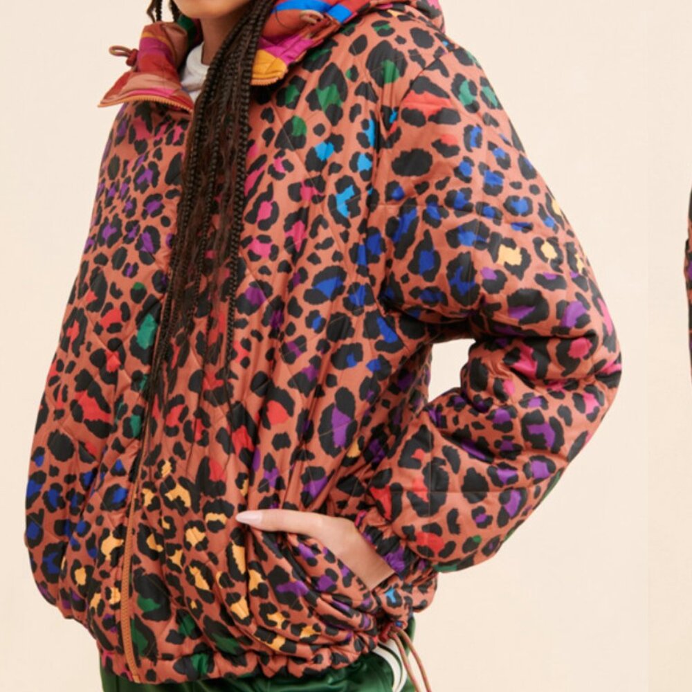 FARM Rio Reversible Hooded Puffer Coat Animal Print Dopamine Tropical